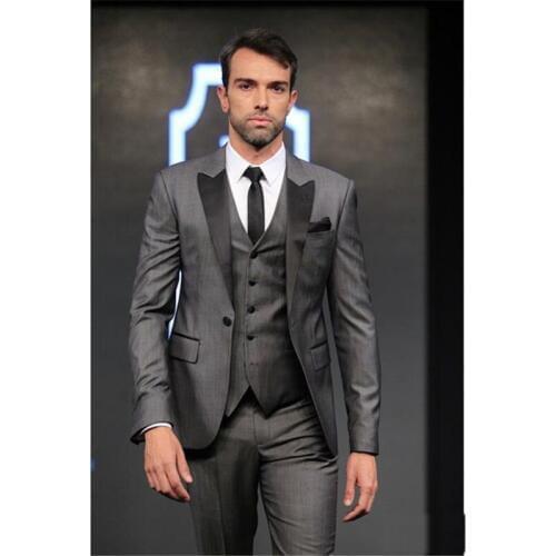 Groom Tuxedos Grey Mens Wedding Tuxedos Black Peak Lapel Man Jacket Blazer Popular Men Prom/Dinner 3 Piece Suit(Jacket+Pants+Ves
