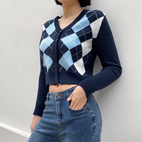 Argyle Button-Down Knitted Cardigan Sweaters For Women Long Sleeve Winter Fashion 2020 Autumn Clothes Korean Coat Crop Top Femal