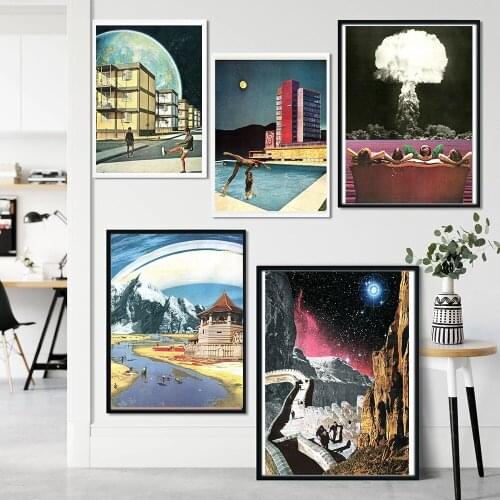 Surrealism Vintage Sky Artwork Posters and Prints Retro Canvas Sci Fi Art Painting Collage Wall Picture For Bedroom Home Decor