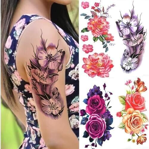 3D Lily Flower Temporary Tattoos For Women Adults Rose Lotus Anemone Tattoo Sticker Fake Half Sleeve Watercolor Arm Tatoos