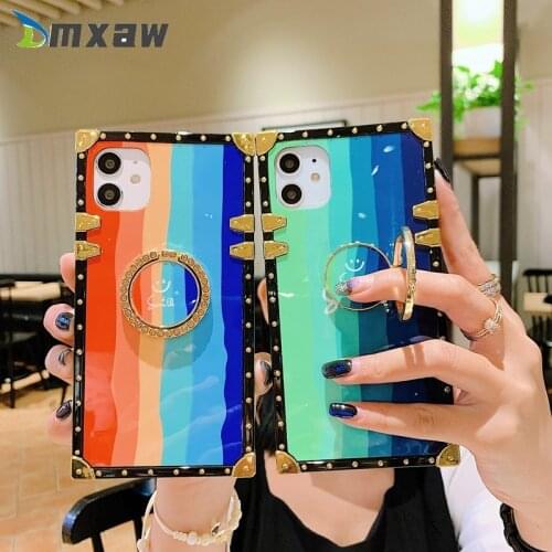 For OPPO F17 Pro A53 A31 2020 A8 A92S A92 A72 A52 A91 F15 Case Trendy Rainbow Square Phone Case Ring Soft Cover