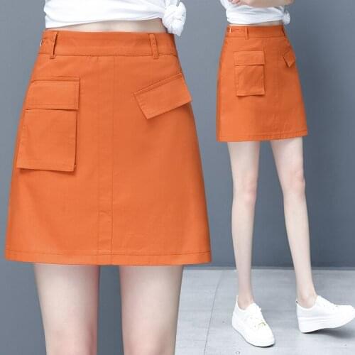 2020 Spring Summer Fashion Womens Pockets White Black Orange A Line Cotton Skirt , Casual Woman Female Slim Mini Skirts