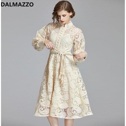 High-end Designer Women Retro Lace Hollow Out Lantern Long Sleeve Belt Long Dress 2020 Spring Autumn Runway Lining Dresses Femme