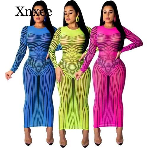 Sexy Bodycon Summer Dress Women Long Sleeve Print Elegant Sheer Mesh Bandage Dress Celebrity Night Club Party Bodycon Dresses