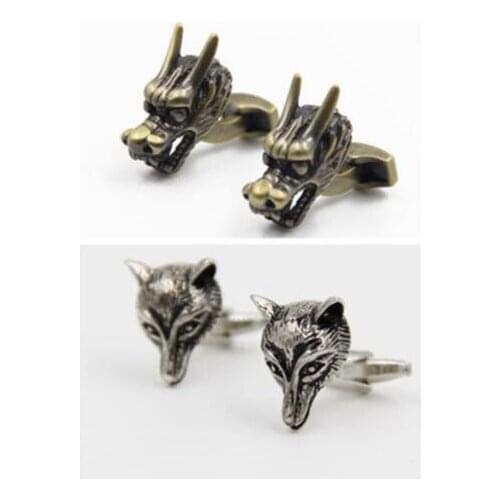 10pairs/lot Ancient Silver Fox/Wolf Head Cuff Links Vintage Bronze Dragon Cufflinks Copper Shirt Cuff Button Mens Jewelry