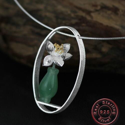 Amxiu Real 925 Sterling Silver Natural Stone Pendants Natural Aventurine Handmade Jewelry Whispers Green Vase Pendant Necklace
