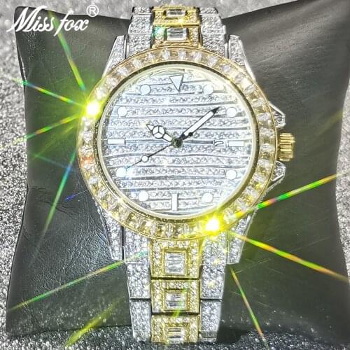 Top MISSFOX Hip Hop Men Watches Full Diamond Bling Fashion Male Quartz Iced Out Bling Waterproof Dress Luminous Jewelry Clocks