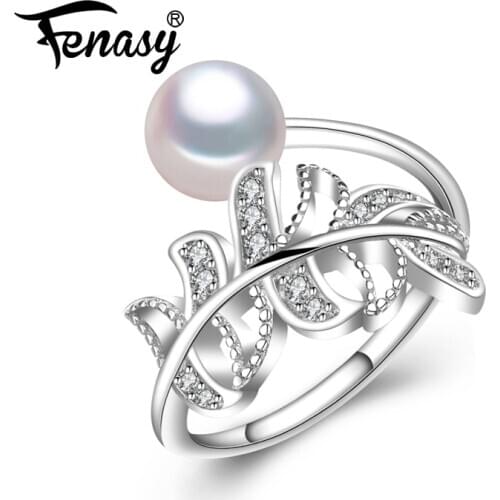 FENASY Natural Freshwater Pearl Rings For Women New Fashion Trendy Zircon 925 Sterling Silver Adjustable Party Ring