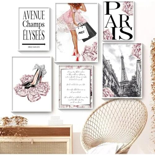 Paris Girl Pink Flower High Heels Quote Wall Art Canvas Painting Modern Nordic Print Posters Wall Pictures For Living Room Decor