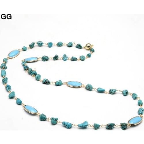GuaiGuai Jewelry Natural Blue Turquoises Freedom Nugget Rosary Chain Blue Crystal Bezel Set Statetion Necklace 28" For Women