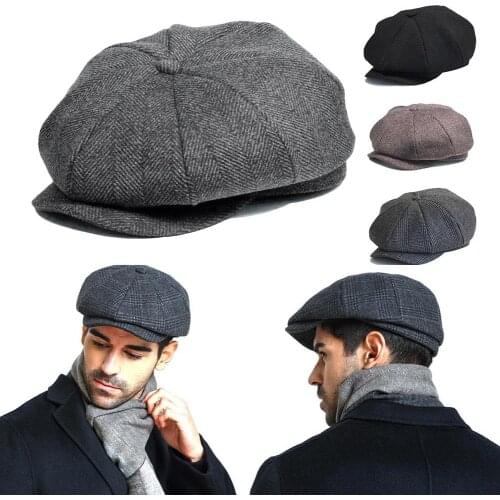 Wool Tweed Newsboy Cap Mens Vintage Black Gray Tweed Flat Peaked Cap Street Hats Herringbone Gatsby Baker Boy Hat