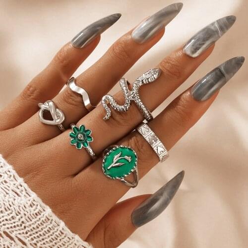 Docona 6pcs/set Bohe Hollow Heart Flowers Finger Rings for Women Drop Oil Enamel Snake Open Metal Ring Set Jewelry Anillos 19640
