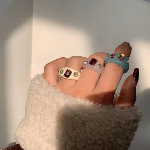 Ins Aesthetic Colorful Transparent Resin Acrylic Crystal Korean Geometric Irregular Square Rings for Women Trendy Jewelry