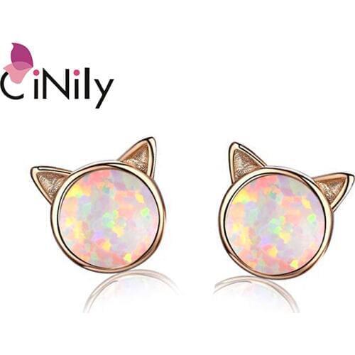 CiNily Blue & Pink & White Kitty Small Stud Earrings Silver Plated Rose Cold Color Sexy Round Face Cat Cute Jewelry Girl