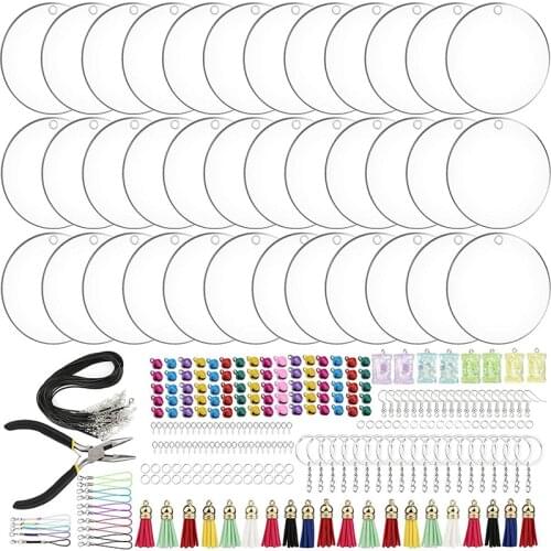 MIUSIE 336 Pieces Acrylic Keychain Making Kit Clear Acrylic Keychain Blanks and Colorful Tassel Pendants for DIY Projects Crafts