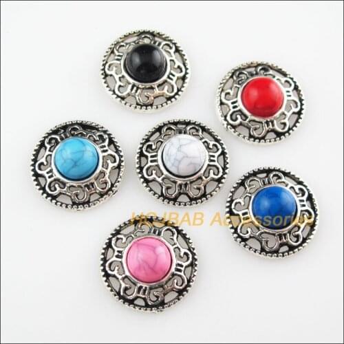 Fashion 18Pcs Tibetan Silver Flower Mixed Stone Charms Pendant Connectors 18mm