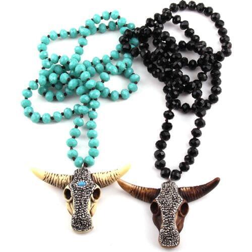 Fashion Bohemian Tribal Jewelry 5X8 Glass Crystal Handmade Paved Bull Head Charm Necklace