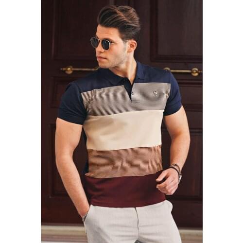 With color Block Navy Blue Polo Collar Male Knitwear T-Shirt 9280