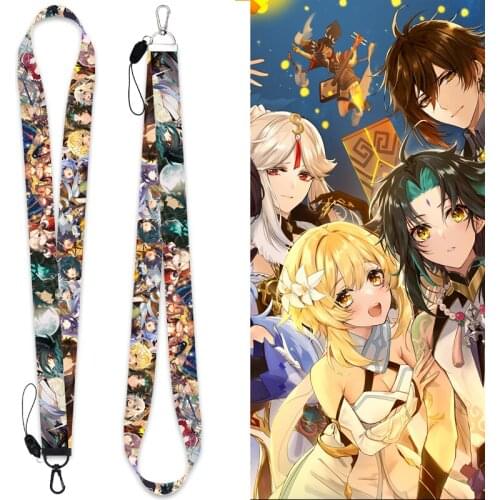 New anime genshin impact phone lanyard keychain neck hanging rope fashion work id card holder key fob ring pendant for women men