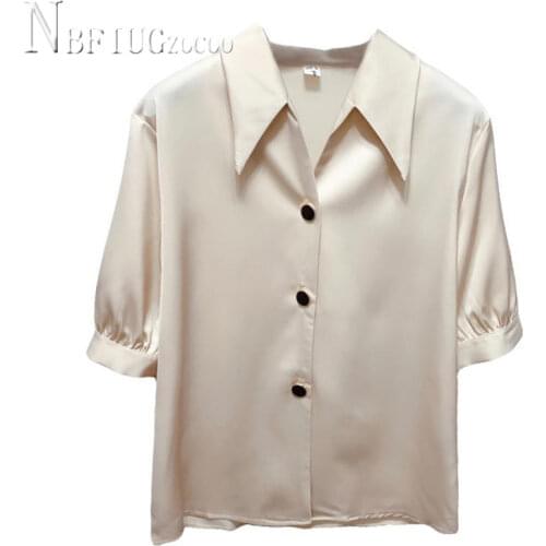 Lapel Single Breasted Short Sleeve Chiffon Women Blouse Summer Office Lady Female Blouses