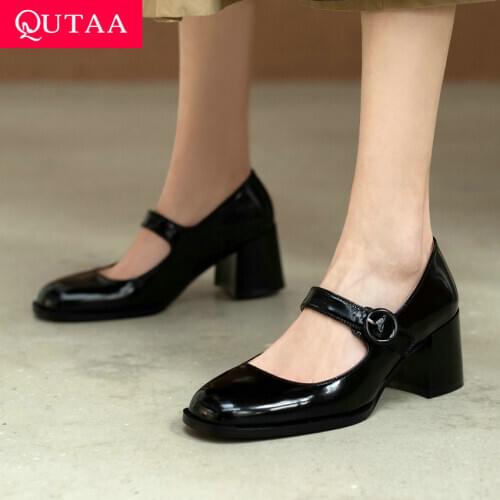 QUTAA 2021 Square High Heels Round Toe Buckle Spring Autumn Female Shoes Cow Patent Leather Fashion Women Pumps Size 34-40