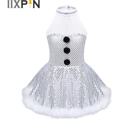 Girls Christmas Skating Dress Ballet Dancewear Snowman Costume Shiny Sequins Figure Ice Skating Roller Skating Twirling Dress