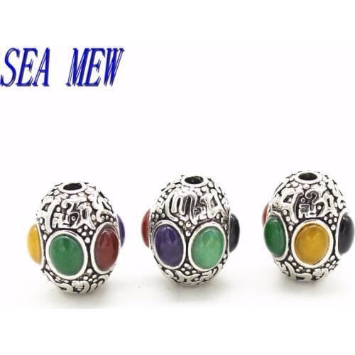 SEA MEW 5 PCS Vintage Style Metal Tibetan Silver Color Resin Nepal Bead High Quality Barrel Beads DIY Jewelry Accessories