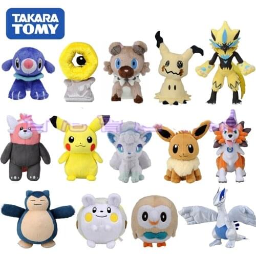 TAKARA TOMY Genuine Pokemon Pikachu Eevee Snorlax Popplio Bewear Lugia Meltan Cosmog Piplup Cute Plush Action Figure Model Toys