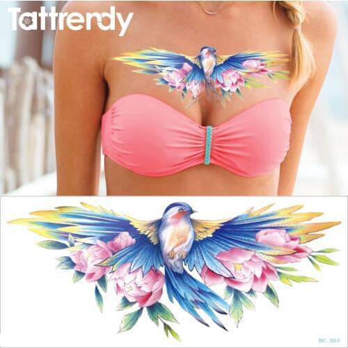 2018 New designs Chest Flash Tattoo flower birds shoulder arm Sternum tattoos henna body/back paint Under breast skull sexy girl