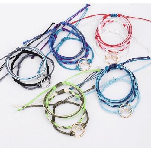 Bohemia Handmade Braided Cotton Lucky Rope Bracelet Ethnic Jewelry Hollow Sea Wave Pendant Multi Layered Rope Bracelet