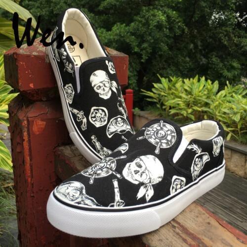 Wen Design Custom Skeleton Pirate One-eyed Skull Sailing Rudder Slip On Black Pumps Women Hand Painted Shoes Men Canvas Sneakers