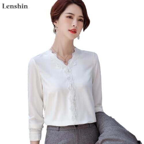 Lenshin V-neck Shirts for Women High-quality Blouse with Lace Work Wear Office Lady Female Tops Chemise Loose style