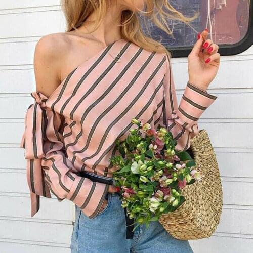 Summer Striped Sexy Off Shoulder Blouse Women Casual Loose Long Sleeve Shirt Kimono Tops Bowknot Blusa Female