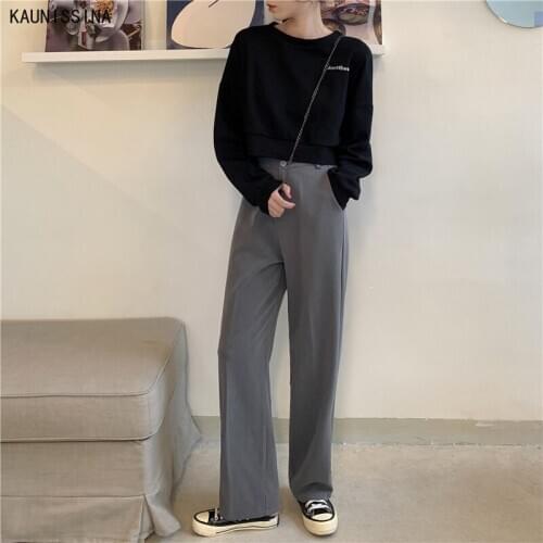Woman Straight Casual Pants Formal High Waist Wide Leg Pants Female Loose Plus Size Trousers Elastic Waist Full Length Pant