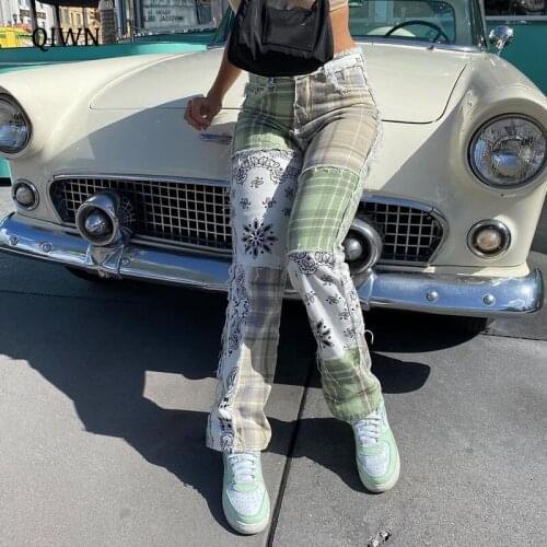 Grunge Aesthetic Low Rise Jeans Women Stripe Plaid Patches Vintage 90s Denim Trousers Female Y2K E Girl Straight Pants