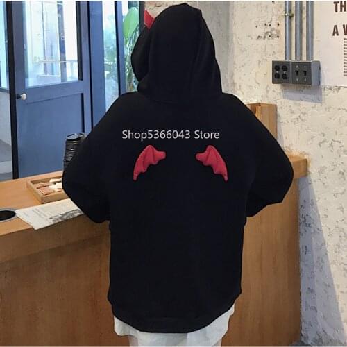 Girl Little Devil Horns Gothic Hooded Demon Fly Wings Harajuku Hoodies Women Sweatshirts Pocket Tops Streetwear Loose Pullovers