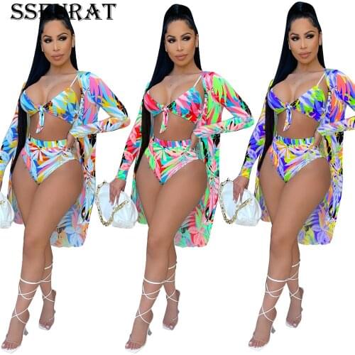 SSEURAT Women Print Bikinis Set Beach Sexy Clock Tops with Two Piece Set Matching 3 Piece Active Swimsuit Outfits