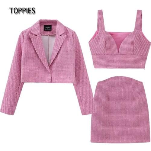 Toppies 2021 Fashion Short Tweed Jacket Short Blazer Woman Suit Set High Waist Mini Skirts Female Three Piece Set