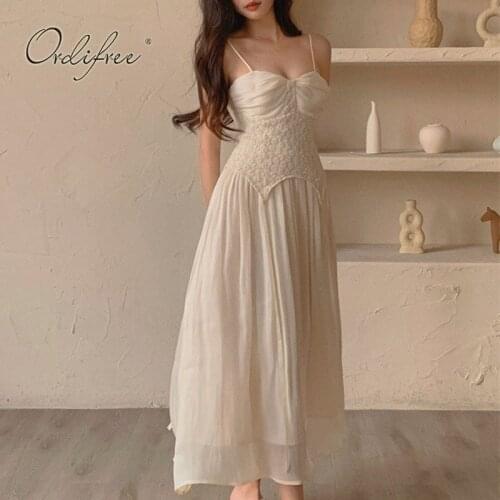 Ordifree 2021 Summer Women Long Party Dress Spaghetti Strap Backless Vintage White Lace Maxi Beach Dress Vocation