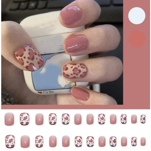 24pcs Pink Leopard Printed Fake Nails Glue Type Removable Short Paragraph Fashion Manicure Nail Supplies For Professionals