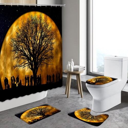 4pcst Set Universe Starry Sky Black Tree Shower Curtain Color Galaxy Night Scenery Anti-Slip Rugs Toilet Mats Bathroom Carpets