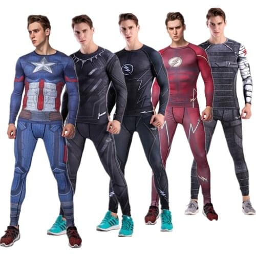 Men Superhero Fitness Running MMA Boxing Rashguard Sports Long Sleeve T-Shirt Pants Bjj Kickboxing Tiger Muay Thai Jerseys Set