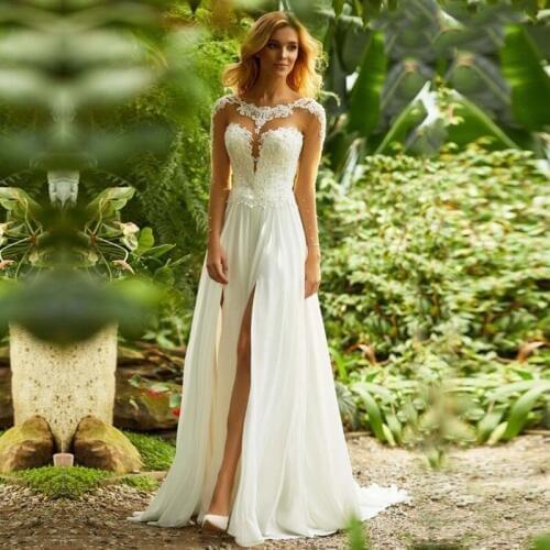 Eightale Long Sleeve Wedding Dresses Boho Wedding Gowns Front Split Chiffon Lace Appliques Sexy Bride Dresses Robe De Mariee