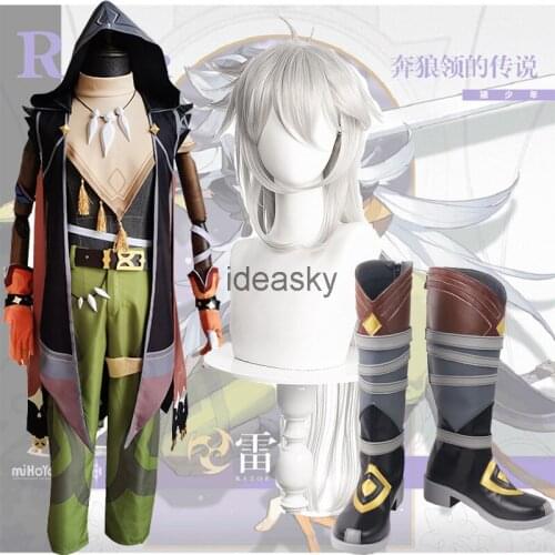 Genshin Impact Razor Leizei Game Suit Uniform Legend of Running Wolf Collar Cosplay Costume Halloween Outfit For Men wig shoes
