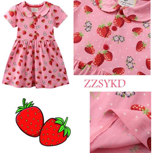 Strawberry Plant Print Girls Summer Dress Cotton Baby Kids Collar Design Short Sleeve Dresses Little Girls Clothes Vestidos Cute