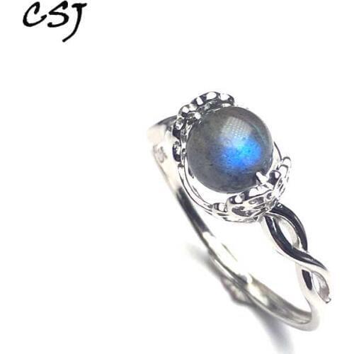CSJ Natural Blue Labradorite Ring Moonstone Sunstone Divination spiritual meditation Fine Jewelry for Women