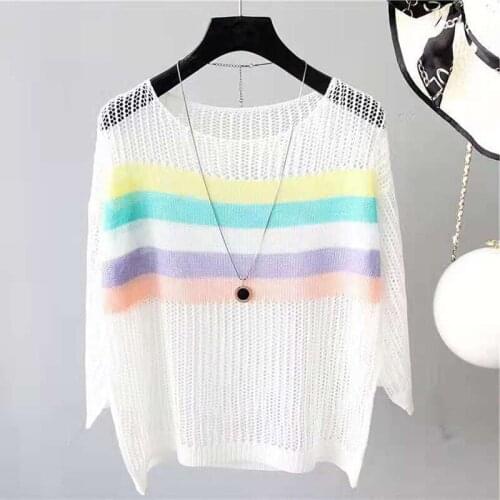 Korean Fashion Women Hollowed Candy Color Thin Knitted Sweater Casual Loose Striped T-shirt For Female Summer Pullovers