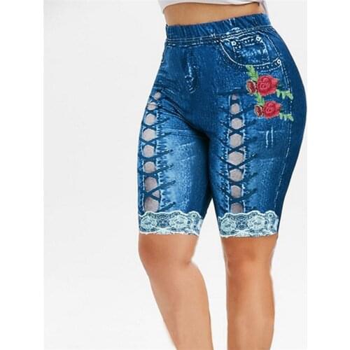 Floral Print Denim Yo-ga Pants Women Jeans Leggings High Waist Breeches Capri Pants Super Elastic Jeggings Plus Size Leggins #32