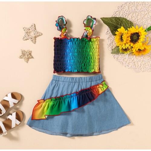 Fashion Baby Kid Girl Clothes Summer Outfits Set Girls Fashion Sling Sleeveless Top + Swing Skirt Rainbow Denim Suit Outfit 2021