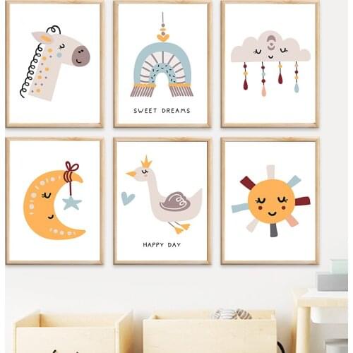 Cartoon Swan Horse Sun Moon Cloud Cute Wall Art Canvas Painting Nordic Posters And Prints Wall Pictures Kids Room Nursery Decor